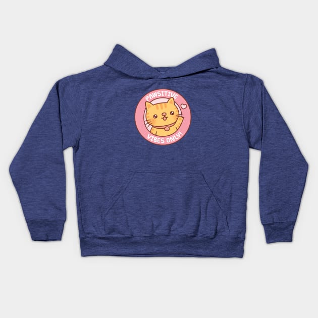 Cute Tabby Cat Pawsitive Vibes Only Motivational Pun Kids Hoodie by rustydoodle